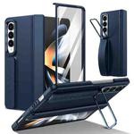 For Samsung Galaxy Z Fold4 Film Integrated Lens Frame Bracket Phone Case with Wristband(Dark Blue)