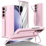 For Samsung Galaxy Z Fold5 Film Integrated Lens Frame Bracket Phone Case with Wristband(Pink)