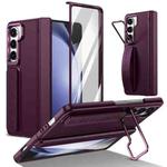 For Samsung Galaxy Z Fold5 Film Integrated Lens Frame Bracket Phone Case with Wristband(Wine Red)