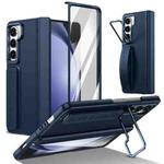 For Samsung Galaxy Z Fold5 Film Integrated Lens Frame Bracket Phone Case with Wristband(Dark Blue)