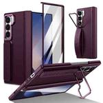 For Samsung Galaxy Z Fold6 Film Integrated Lens Frame Bracket Phone Case with Wristband(Wine Red)