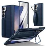 For Samsung Galaxy Z Fold6 Film Integrated Lens Frame Bracket Phone Case with Wristband(Dark Blue)