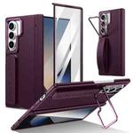 For Samsung Galaxy Z Fold7 Film Integrated Lens Frame Bracket Phone Case with Wristband(Wine Red)