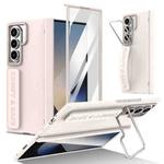 For Samsung Galaxy Z Fold7 Film Integrated Lens Frame Bracket Phone Case with Wristband(Apricot)