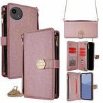 For Sharp Aqous wish5 Crossbody Handle Cross Texture Leather Phone Case(Rose Gold)