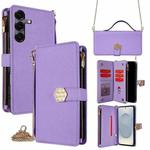 For Samsung Galaxy S25 5G Crossbody Handle Cross Texture Leather Phone Case(Purple)