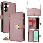 For Samsung Galaxy S25+ 5G Crossbody Handle Cross Texture Leather Phone Case(Rose Gold)