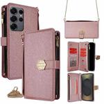 For Samsung Galaxy S25 Ultra 5G Crossbody Handle Cross Texture Leather Phone Case(Rose Gold)