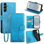 For Samsung Galaxy S25 5G Tree & Deer Embossed Leather Phone Case(Blue)
