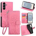 For Samsung Galaxy S25 5G Tree & Deer Embossed Leather Phone Case(Pink)