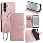 For Samsung Galaxy S25 5G Tree & Deer Embossed Leather Phone Case(Rose Gold)