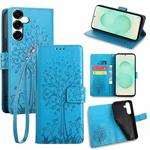 For Samsung Galaxy S25+ 5G Tree & Deer Embossed Leather Phone Case(Blue)