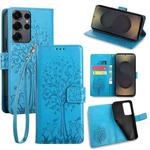 For Samsung Galaxy S25 Ultra 5G Tree & Deer Embossed Leather Phone Case(Blue)
