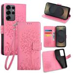 For Samsung Galaxy S25 Ultra 5G Tree & Deer Embossed Leather Phone Case(Pink)