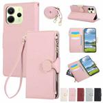 For Redmi Note 14 4G 163.3mm Round Buckle Zipper Wallet Leather Phone Case with Crossbody Strap(Pink)