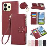 For Redmi Note 14 4G 163.3mm Round Buckle Zipper Wallet Leather Phone Case with Crossbody Strap(Red)