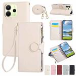 For Redmi Note 14 4G 164.8mm Round Buckle Zipper Wallet Leather Phone Case with Crossbody Strap(White)