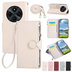 For Redmi 14C 5G Round Buckle Zipper Wallet Leather Phone Case with Crossbody Strap(White)