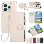 For Redmi Note 14 5G Round Buckle Zipper Wallet Leather Phone Case with Crossbody Strap(White)