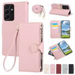 For Samsung Galaxy S21 Ultra 5G Round Buckle Zipper Wallet Leather Phone Case with Crossbody Strap(Pink)