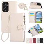For Samsung Galaxy S21 Ultra 5G Round Buckle Zipper Wallet Leather Phone Case with Crossbody Strap(White)