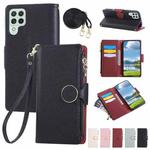 For Samsung Galaxy A22 4G Round Buckle Zipper Wallet Leather Phone Case with Crossbody Strap(Black)