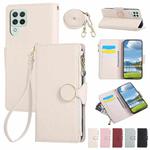 For Samsung Galaxy A22 4G Round Buckle Zipper Wallet Leather Phone Case with Crossbody Strap(White)