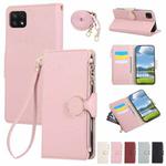 For Samsung Galaxy A22 5G Round Buckle Zipper Wallet Leather Phone Case with Crossbody Strap(Pink)