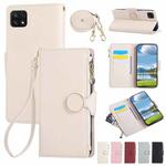 For Samsung Galaxy A22 5G Round Buckle Zipper Wallet Leather Phone Case with Crossbody Strap(White)