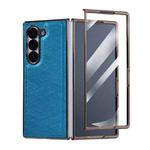 For Samsung Galaxy Z Fold3 5G Bamboo Fiber Texture + Flannel Phone Case with Tempered Film(Blue)
