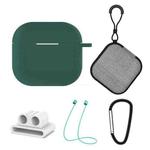 For AirPods 4 5 in 1 Silicone Earphone Protective Case + Earphone Bag + Earphones Buckle + Hook + Anti-lost Rope Set(Midnight Green)