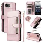 For iPhone 16e Crossbody Strap RFID Blocking Zipper Wallet Leather Phone Case(Rose Gold)