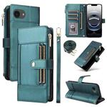 For iPhone 16e Crossbody Strap RFID Blocking Zipper Wallet Leather Phone Case(Green)
