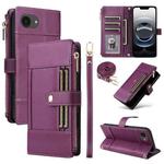 For iPhone 16e Crossbody Strap RFID Blocking Zipper Wallet Leather Phone Case(Purple)