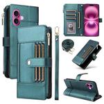 For iPhone 16 Plus Crossbody Strap RFID Blocking Zipper Wallet Leather Phone Case(Green)