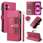 For iPhone 16 Plus Crossbody Strap RFID Blocking Zipper Wallet Leather Phone Case(Red)