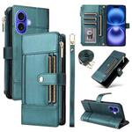 For iPhone 16 Crossbody Strap RFID Blocking Zipper Wallet Leather Phone Case(Green)