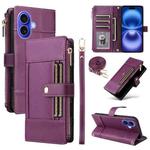 For iPhone 16 Crossbody Strap RFID Blocking Zipper Wallet Leather Phone Case(Purple)