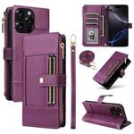 For iPhone 15 Pro Crossbody Strap RFID Blocking Zipper Wallet Leather Phone Case(Purple)
