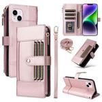 For iPhone 15 Plus Crossbody Strap RFID Blocking Zipper Wallet Leather Phone Case(Rose Gold)