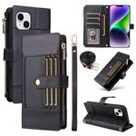 For iPhone 15 Plus Crossbody Strap RFID Blocking Zipper Wallet Leather Phone Case(Black)