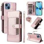 For iPhone 14 / 13 Crossbody Strap RFID Blocking Zipper Wallet Leather Phone Case(Rose Gold)