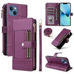 For iPhone 14 / 13 Crossbody Strap RFID Blocking Zipper Wallet Leather Phone Case(Purple)