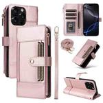 For iPhone 13 Pro Crossbody Strap RFID Blocking Zipper Wallet Leather Phone Case(Rose Gold)