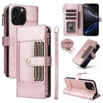 For iPhone 12 Pro Max Crossbody Strap RFID Blocking Zipper Wallet Leather Phone Case(Rose Gold)