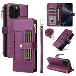 For iPhone 12 Pro Max Crossbody Strap RFID Blocking Zipper Wallet Leather Phone Case(Purple)