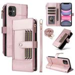 For iPhone 11 Crossbody Strap RFID Blocking Zipper Wallet Leather Phone Case(Rose Gold)
