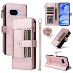 For Google Pixel 9a Crossbody Strap RFID Blocking Zipper Wallet Leather Phone Case(Rose Gold)