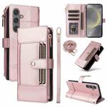 For Samsung Galaxy S24 / S25 5G Crossbody Strap RFID Blocking Zipper Wallet Leather Phone Case(Rose Gold)