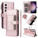 For Samsung Galaxy S23 5G Crossbody Strap RFID Blocking Zipper Wallet Leather Phone Case(Rose Gold)